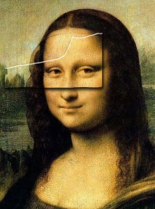 La Gioconda AKA Mona Lisa, da Vinci 1503-1506, Cropped to bust, bevel indicates portion shown on The da Vinci Code book cover